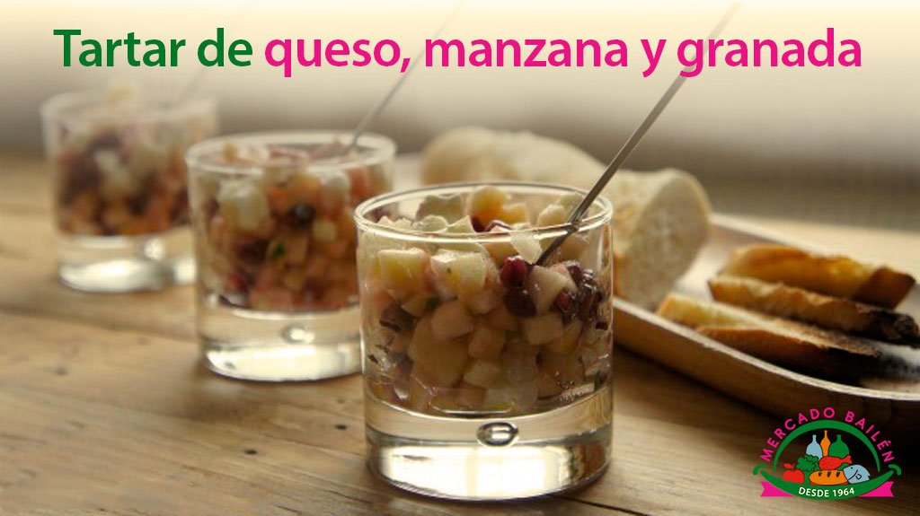 Tartar de queso de cabra, granada y manzana.